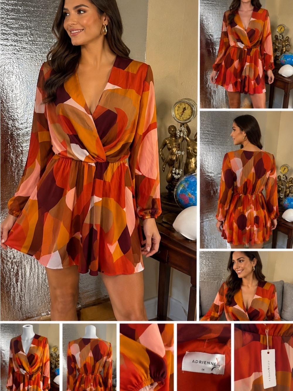 Adrienne Multicolor Abstract Wrap Dress in Red, Orange, Brown, Pink #48